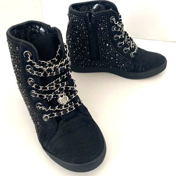 Stuart Weitzman Vance 15 Hidden Wedge Sneaker Kids Girl 4 Black Silver Chain - Picture 4 of 11